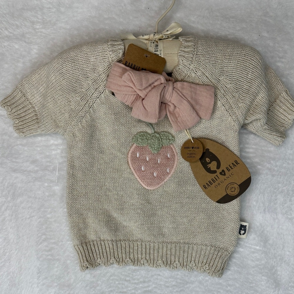 Rabbit + Bear Strawberry Knit Sweater Headband Set Baby 0-3M Cream Pink NWT